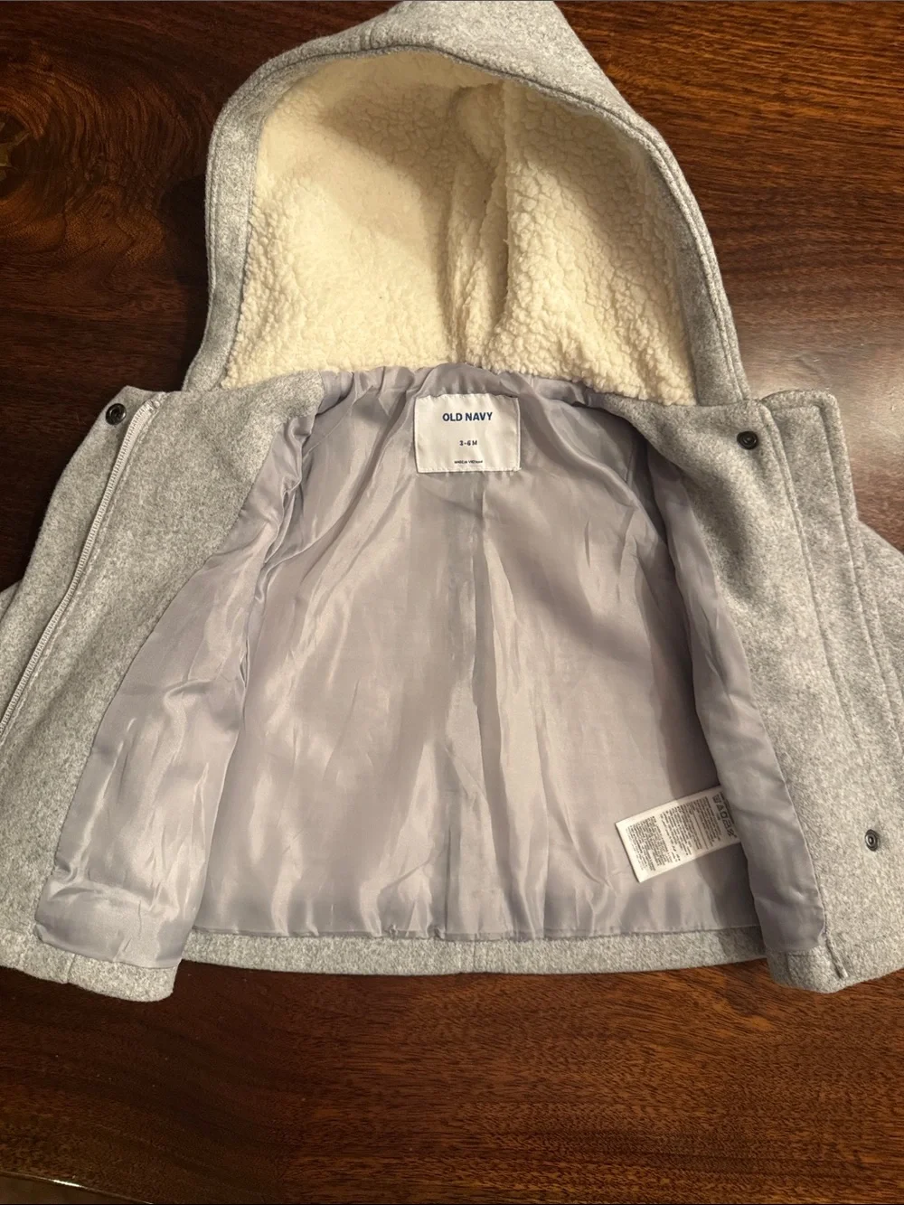 Old Navy Toddler Gray Hooded Wool-Blend Pea Coat with Cream Sherpa Lining